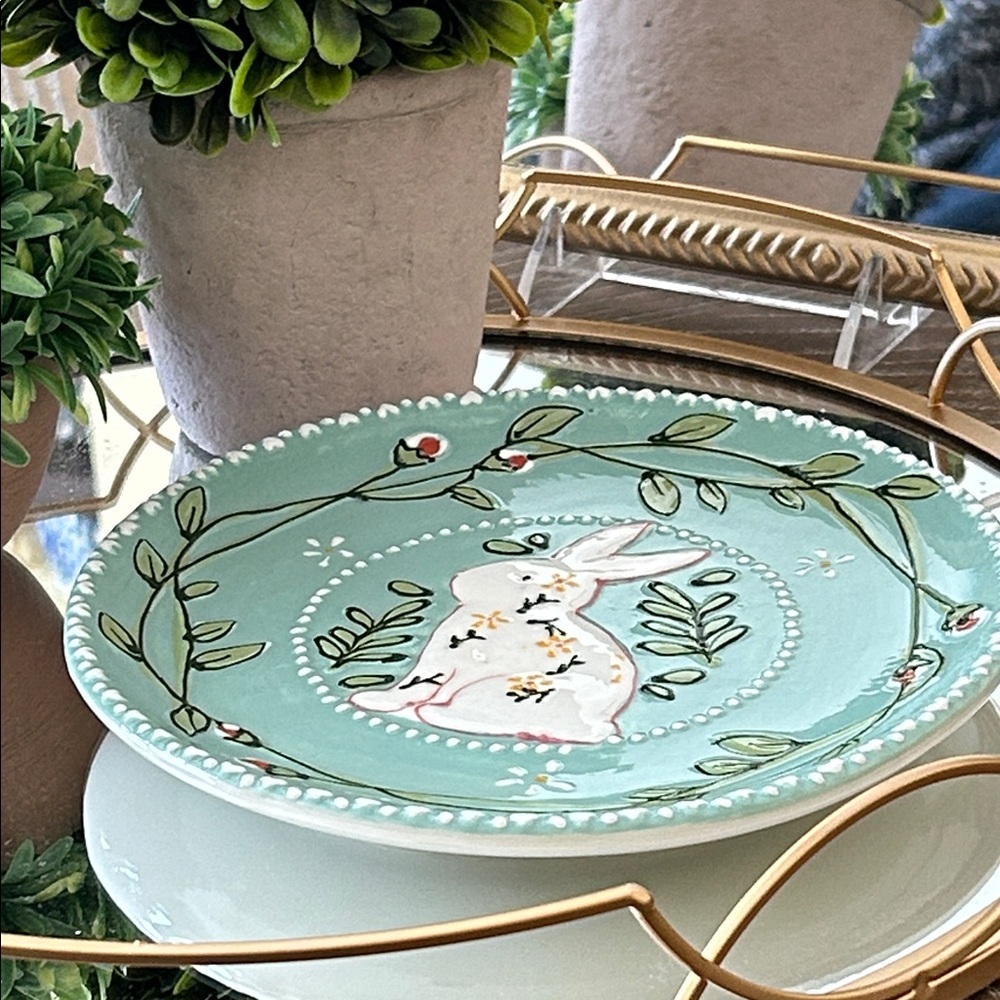 NEW! Vintage Inspired Shabby Chic Ceramic Floral Bunny Serving Plate - Picture 4 of 8